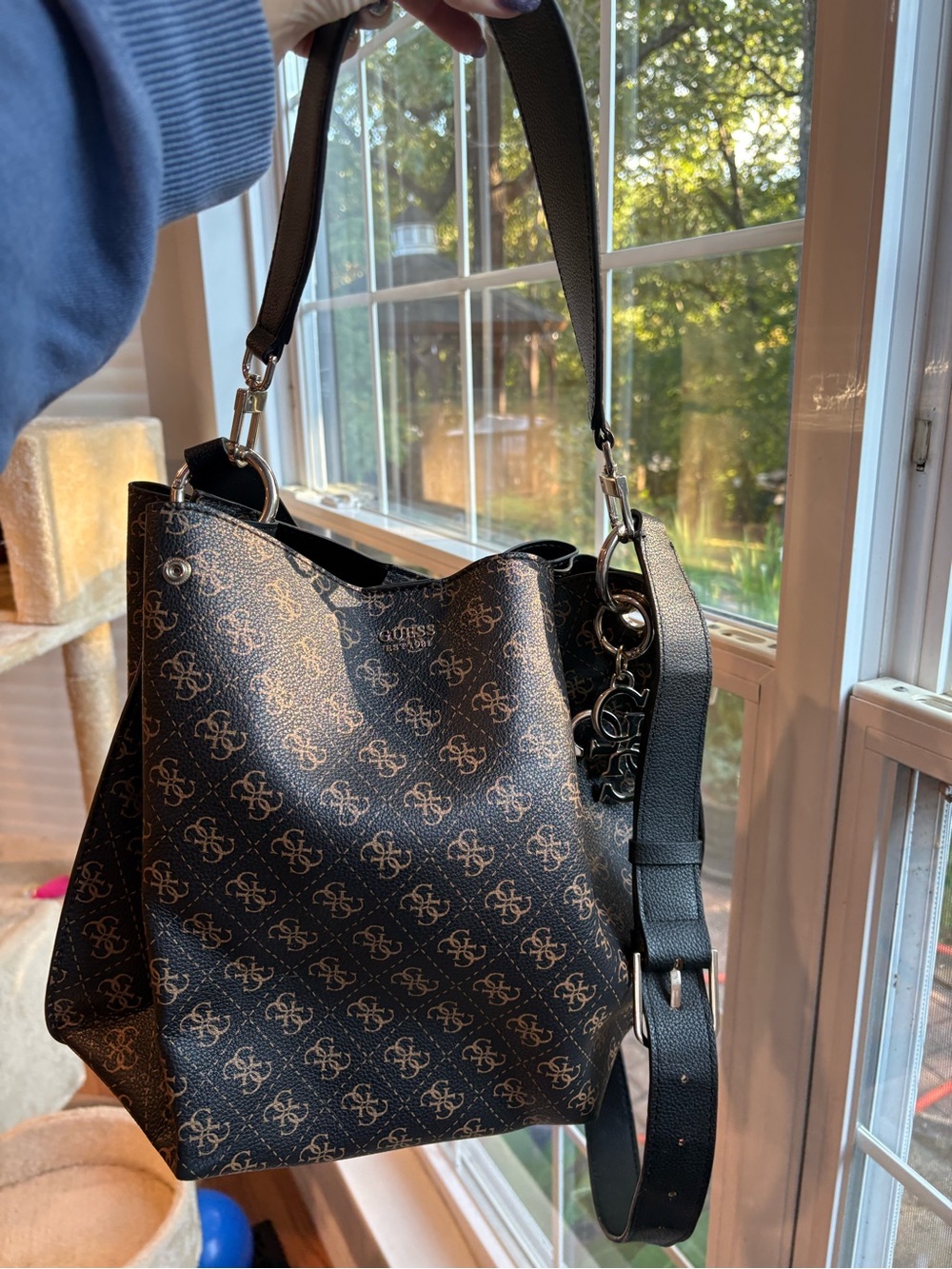 Guess Black Logo-Print Shoulder Bag with Gold Hardware